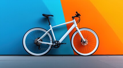 Bicycle Resting Against a Vibrant Blue and Orange Wall
