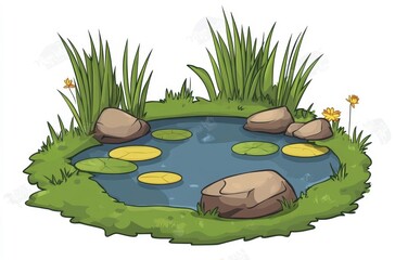 Serene Pond Illustration Green Grass, Lily Pads, and Rocks