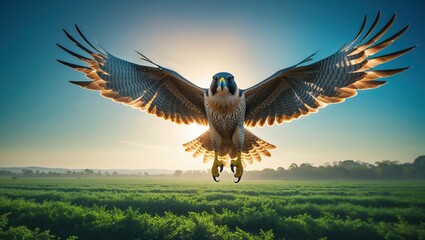 Majestic peregrine falcon in flight, wings spread wide against a vibrant sunrise over a verdant field. A breathtaking display of power and freedom.