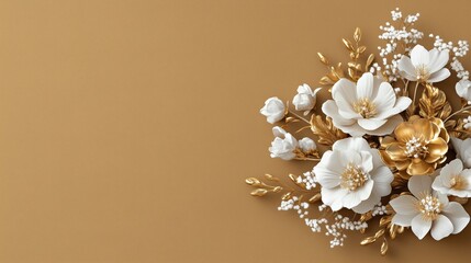 Delicate White and Gold Floral Arrangement on Textured Background