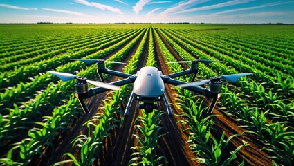 Drone flying over a vibrant green field, showcasing modern agricultural technology.
