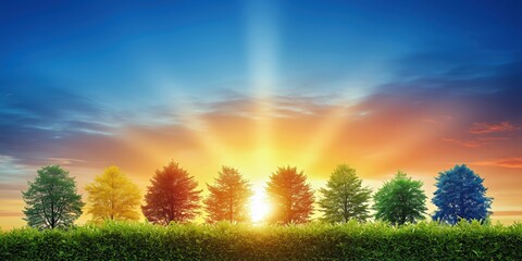 Sun Rises Behind a Vibrant Row of Trees in a Clear Sky