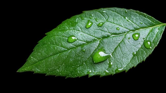 A vibrant green leaf adorned with glistening water droplets showcases nature's beauty, capturing the essence of freshness and vitality in a stunning close-up shot.
