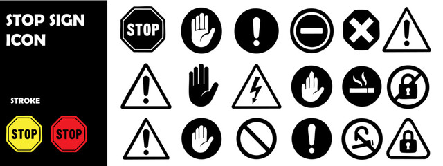 Stop Sign Icon Set – Black Stop Symbols and Traffic Warning Icons