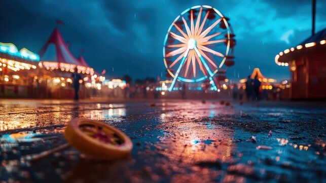 A vibrant carnival scene illuminated by glowing lights and a large ferris wheel, set against a moody, rainy backdrop that creates a dynamic and festive atmosphere.