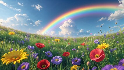 Vibrant wildflowers bloom in a lush green meadow under a bright blue sky, a rainbow arcing beautifully overhead.