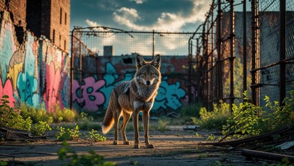 A coyote stands in an urban setting, backlit by the setting sun. Vibrant graffiti art decorates the walls behind it, creating a striking contrast.