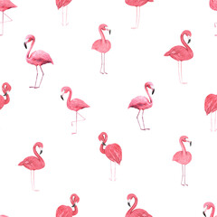 Seamless pattern with watercolor tropical pink flamingo birds. Hand painted jungle paradise background perfect for textile and scrapbooking