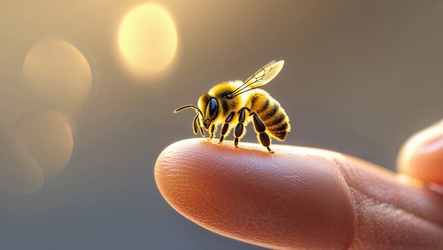 A tiny honeybee delicately perched on a fingertip, bathed in warm, golden light. A moment of peaceful coexistence with nature.