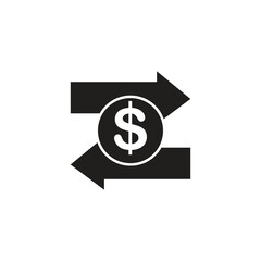 Black icon showing two opposite arrows with a dollar symbol in the center, symbolizing money transfer, financial exchange, or currency conversion. Ideal for fintech, banking, and finance visuals.
