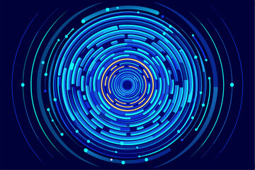 Futuristic abstract technology background featuring glowing concentric circles, radial lines, and blue neon dots on a dark gradient backdrop. Ideal for high-tech