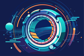 Futuristic abstract technology background featuring glowing concentric circles, radial lines, and blue neon dots on a dark gradient backdrop. Ideal for high-tech