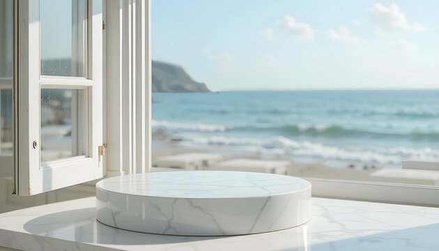 Fototapeta Serene coastal view seen through a white window showcasing a pristine marble display stand perfect for product presentations or minimalist designs enhancing beach aesthetics