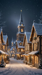 Obraz premium Magical Snow-Covered Christmas Village at Night with Glowing Windows and Chimney Smoke, Soft Falling Snow and Warm Holiday Lights in a Fairy-Tale Winter Scene