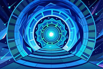 Futuristic abstract technology background featuring glowing concentric circles, radial lines, and blue neon dots on a dark gradient backdrop. Ideal for high-tech
