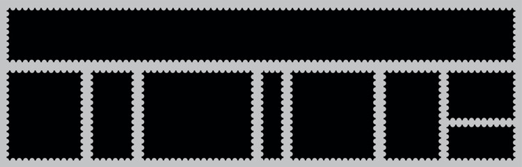 Set of postage stamp template frames. Empty borders, backdrops for postcards, letters. Blank rectangular vintage stamps. Tags, labels, coupons, boxes with curvy, wiggly, wavy perforated edges.