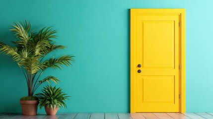A vibrant yellow door stands against a turquoise wall, accompanied by lush green plants in pots, creating a colorful and inviting atmosphere for any space.