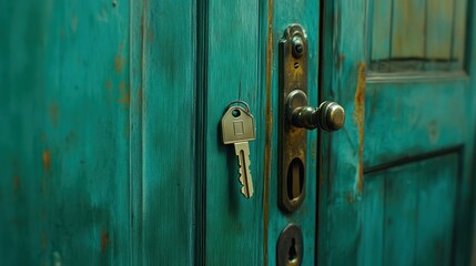 Obraz premium Antique teal door with key
