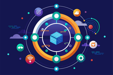 Obraz premium Futuristic abstract technology background featuring glowing concentric circles, radial lines, and blue neon dots on a dark gradient backdrop. Ideal for high-tech