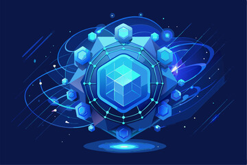 Futuristic abstract technology background featuring glowing concentric circles, radial lines, and blue neon dots on a dark gradient backdrop. Ideal for high-tech