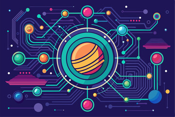 Obraz premium Futuristic abstract technology background featuring glowing concentric circles, radial lines, and blue neon dots on a dark gradient backdrop. Ideal for high-tech