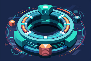 Futuristic abstract technology background featuring glowing concentric circles, radial lines, and blue neon dots on a dark gradient backdrop. Ideal for high-tech