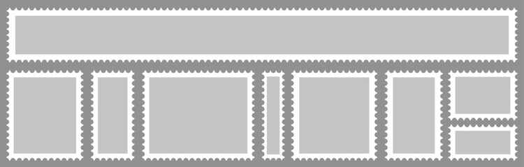 Set of postage stamp template frames. Empty borders, backdrops for postcards, letters. Blank rectangular vintage stamps. Tags, labels, coupons, boxes with curvy, wiggly, wavy perforated edges.
