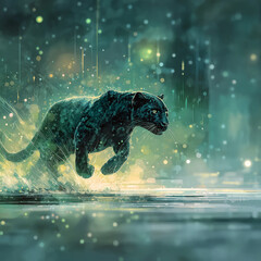 黒豹、疾走、スピード感、エネルギー、躍動、美しい毛並み、幻想的、アート、デジタルイラスト、ハンター、野生動物、緑背景、光の粒、躍動する瞬間、野生の魅力、スピードアート、幻想空間