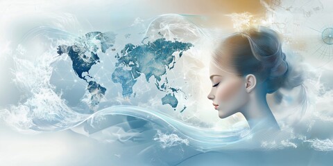 Woman's Profile Blended With a World Map in a Dreamy Design