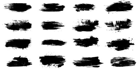 Vector collection of artistic grungy black paint hand made creative brush stroke set isolated on banner background.