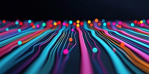 Colorful Flowing Lines With Glowing Spheres on a Dark Background