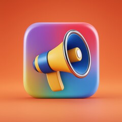 3D Rendering Colorful megaphone icon on a vibrant gradient background, symbolizing communication and outreach. Sosial media style icon