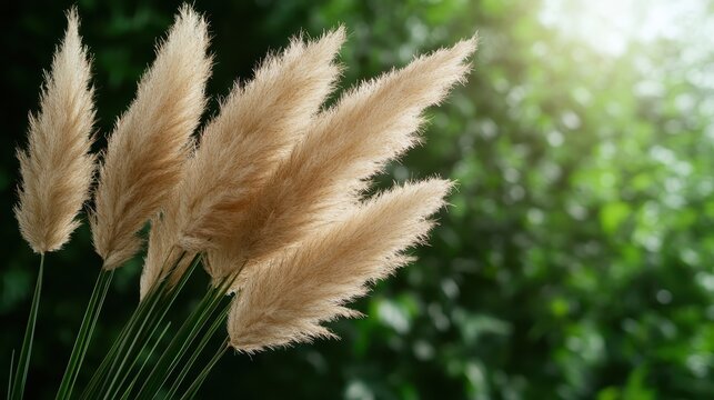 This artistic photograph showcases fluffy golden pampas grass swaying in a gentle breeze, set against a beautifully blurred green background that evokes calmness and tranquility.