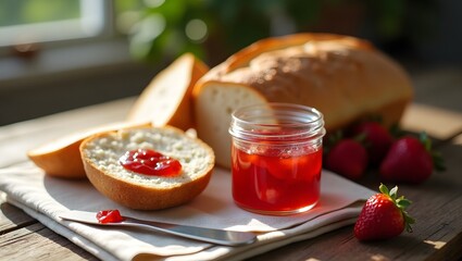 Freshly toasted bread topped with a thick layer of rich, ruby-red strawberry jam, ready to be enjoyed.  