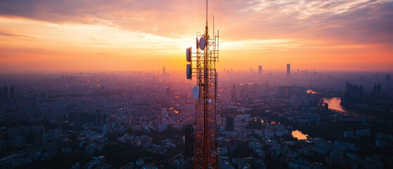 Cityscape with communication tower on sunset background. Suitable for articles about city life, technology and architecture.