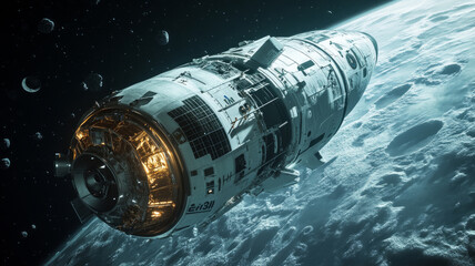 Spaceship orbiting the Earth with a view of the planet and surrounding space. Background for scientific and technological themes.