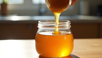 A hand tilts a jar, pouring thick honey into a waiting glass jar, glistening in the light.