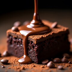 A rich chocolate brownie drizzled with glossy chocolate sauce, creating a decadent dessert scene.  