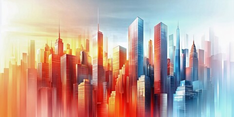 Colorful Skyline of a Vibrant City at Sunset With Reflections on Glass Buildings