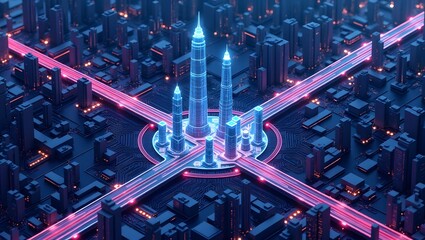 A stylized city filled with glowing neon lights, showcasing an energetic and modern urban environment.
