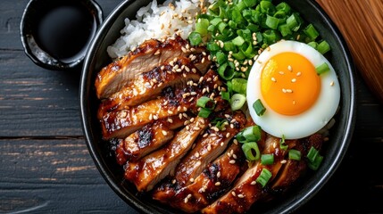 A vibrant chicken bowl featuring grilled chicken, fluffy rice, fresh greens, a soft-boiled egg, and sesame seeds, creating a delicious dish that is both nutritious and visually appealing.