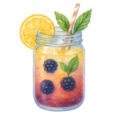 Zesty Citrus Delight: A refreshing beverage, showcasing a vibrant blend of citrus fruits and fresh berries in a beautifully illustrated mason jar, promising a taste of pure refreshment and indulgence.