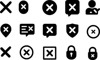 A collection of various rejection icons, including crosses, circles, speech bubbles, shields, and lock icons.