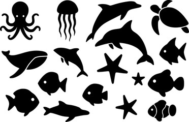 A collection of simple, black silhouette illustrations of various ocean animals, including dolphins, whales, fish, octopuses, jellyfish, turtles, and starfish.