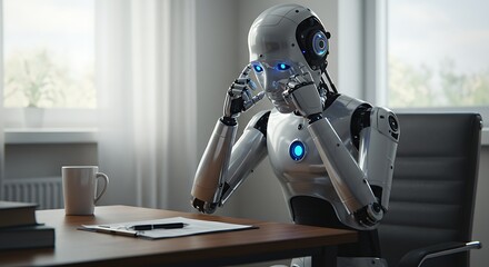 Thinking humanoid robot at a desk in a modern office.