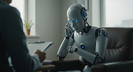 Robot in therapy with human taking notes on a clipboard.