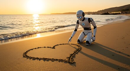 Robot creating art in the sand, at sunrise on the beach.