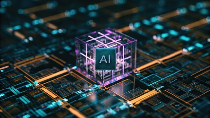 Obraz premium Artificial intelligence block prominently displays AI over intricate computer hardware network components now