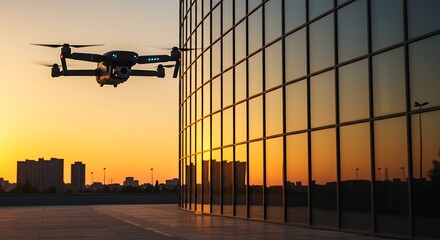 Drone Flying Near Glass Building at Sunset