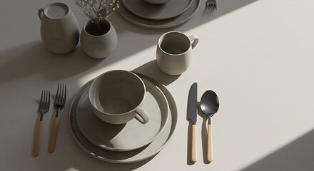 Neutral stoneware dishes and cutlery on a light table.